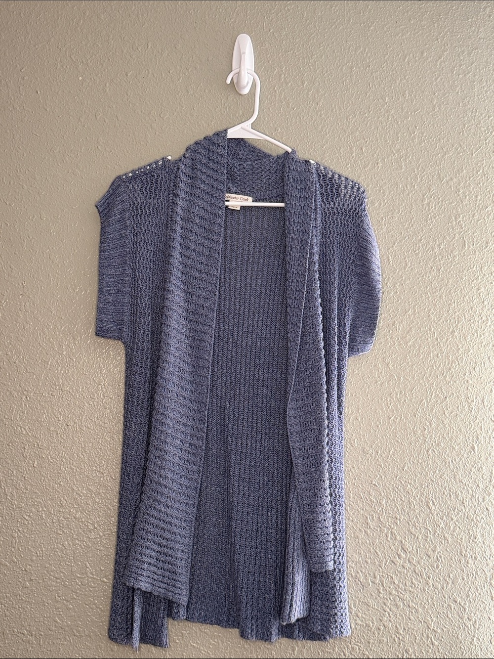 Coldwater Creek Dusty Blue Short-Sleeve Open Knit Cardigan